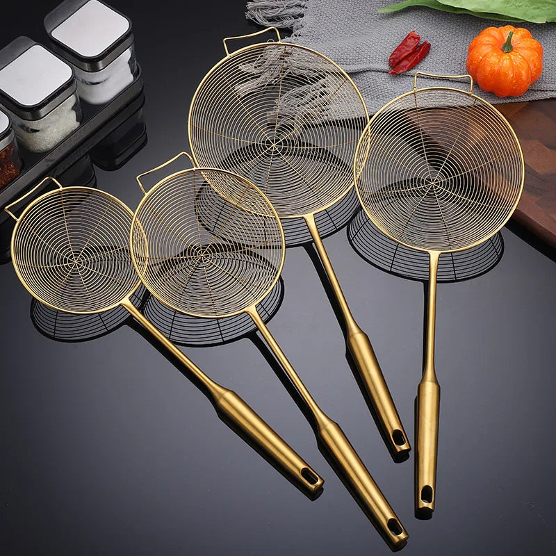 Golden Stainless Steel Skimmer Strainer Colander Oil Filter Frying Scoop with Long Handle Noodles Dumpling Sieves Kitchen Tools