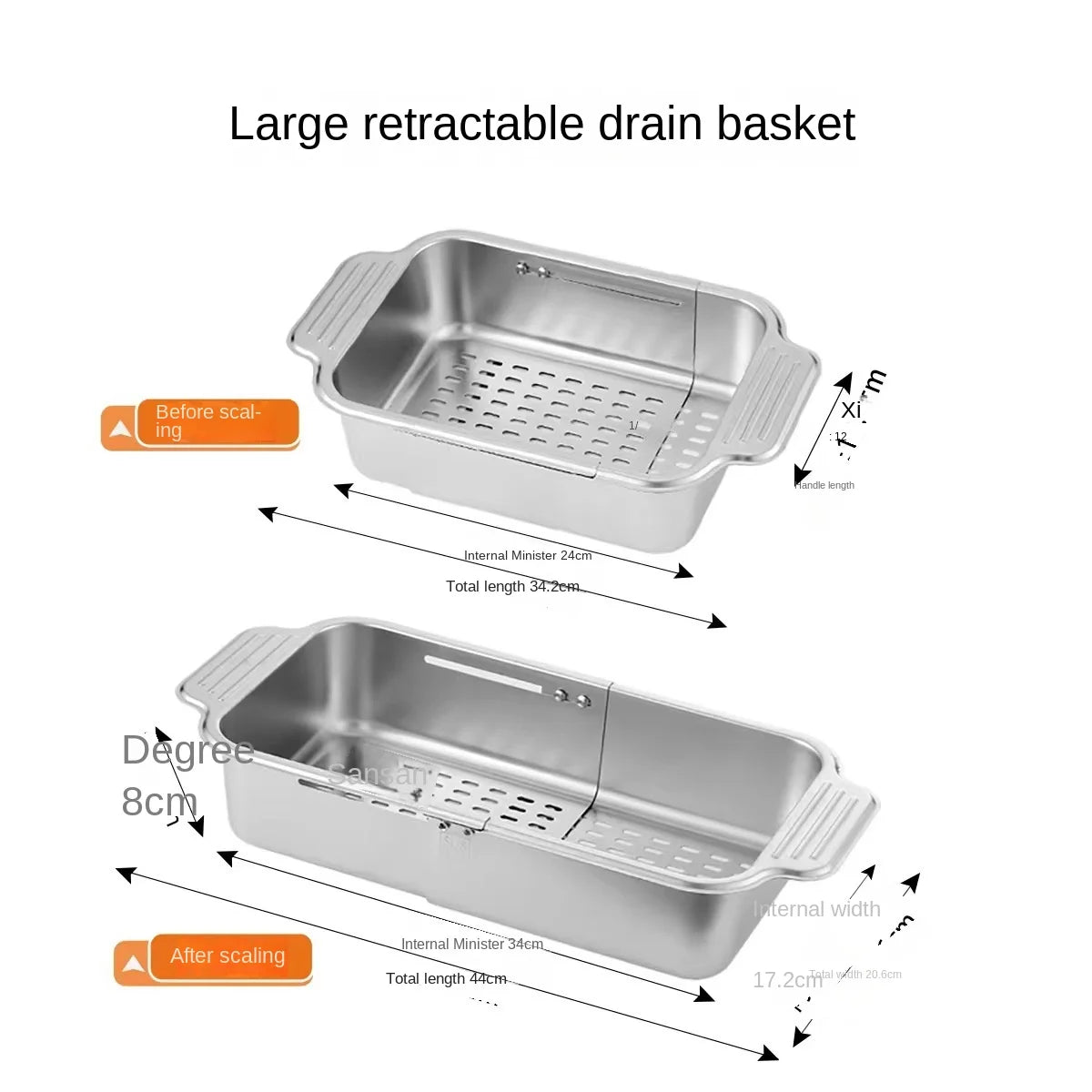 Drain rack 304 stainless steel retractable kitchen sink large household sink rectangular drain basket