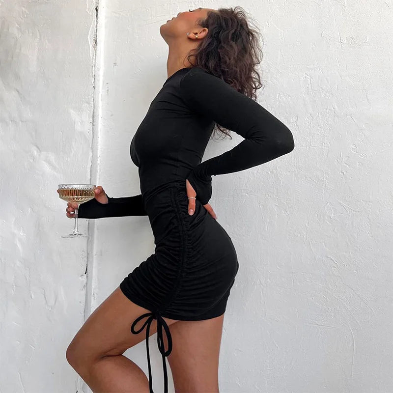 Ruched O Neck Long Sleeve Black Dress Drawstring Autumn Fahshion Sexy Bodycon Bandage Mini Dresses Y2k Women Clothes Vestidos Vakasi