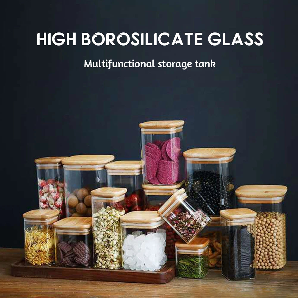 Glass Food Storage Containers With Wooden Lid Kitchen Snack Fruit Candy Nut Sundries Coffee Storage Organizer for Kitchen