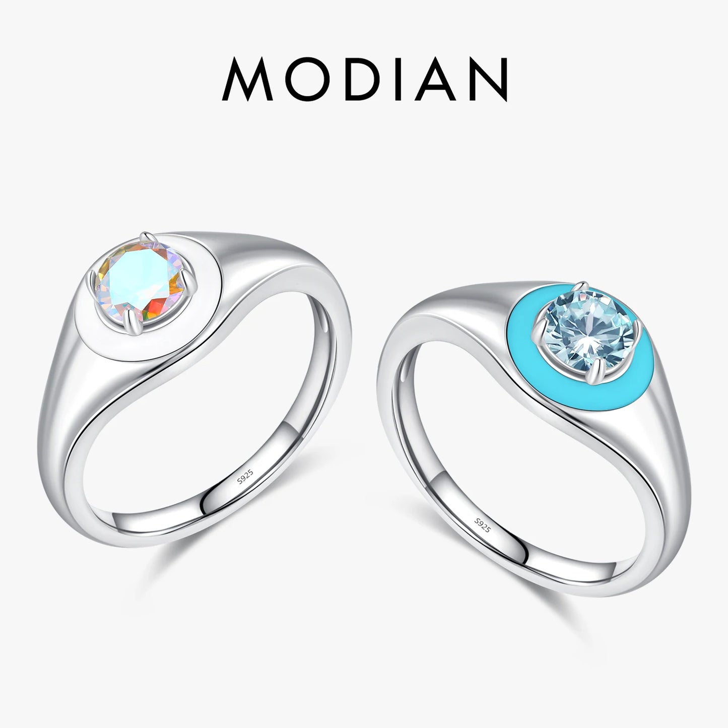 MODIAN 925 Sterling Silver Blue Enamel Zirconia Signet Finger Ring For Women Daily Fine Jewelry Gifts - Vakasi