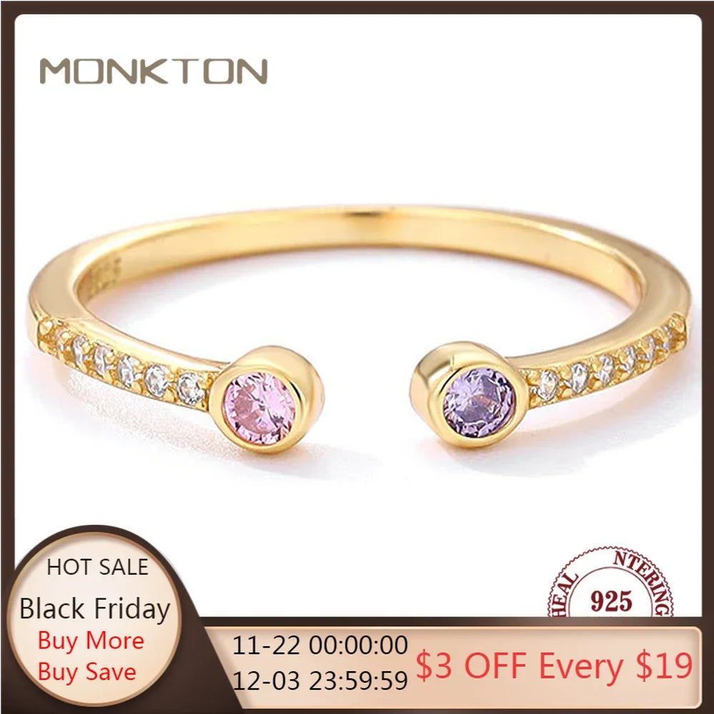 Monkton 18K Gold Plated Round Zirconia Rings for Women 925 Sterling Silver Opening Finger Rings for Wedding Party Jewelry Gift