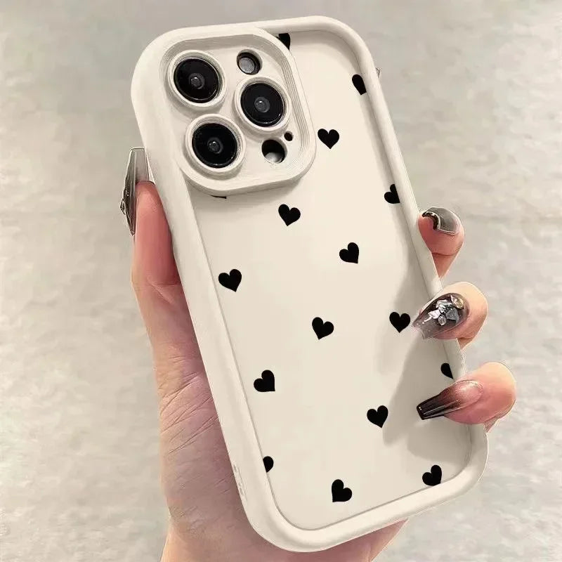 Luxury Black Full Screen Love Heart Phone Case For iPhone 11 12 13 14 15 16 Pro Max XR XS X 7 8 Plus SE 2020 Silicone INS Covers