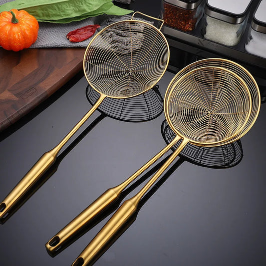 Golden Stainless Steel Skimmer Strainer Colander Oil Filter Frying Scoop with Long Handle Noodles Dumpling Sieves Kitchen Tools