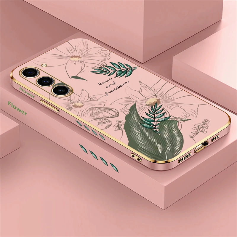 S24 Plating Case For Samsung Galaxy S23 Ultra S22 S21 Plus S20 fe S10 Soft Silicone Pattern Flower Cover Funda