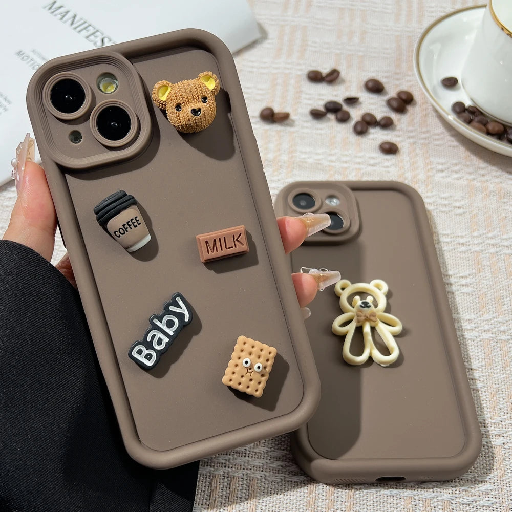 Korean Cute Cartoon 3D Coffee Bear Phone Case For iPhone 11 Case iPhone 13 12 14 16 15 Pro Max XR XS 7 8 Plus SE 2020 Soft Cover