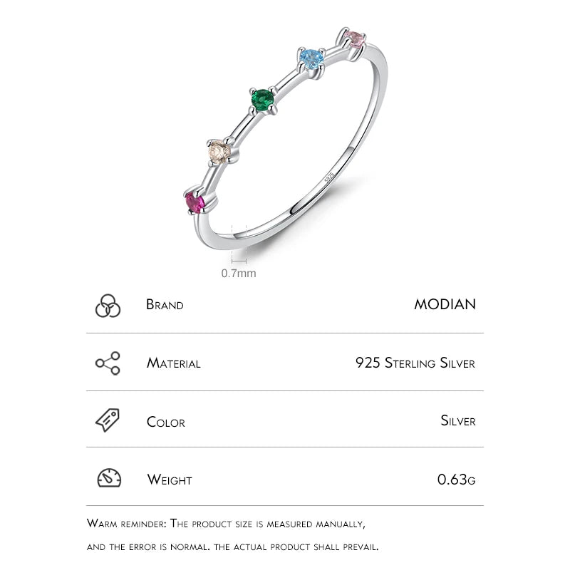 Modian 925 Sterling Silver Rainbow CZ Simulated Diamond Stacking Slim Rings Fashion Bands For Women Korea Style Fine Jewelry