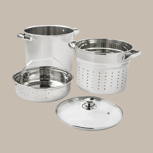 8-Quart Stainless Steel Multi-Cooker Set with Glass Lid Stock Pot Colander Steamer Basket Induction-Safe Stylish Design Ideal