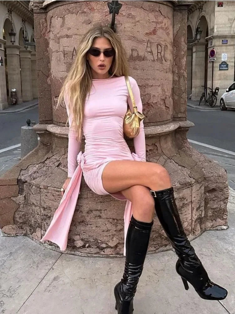 Pleated Long Sleeve Mini Dress Floral Designer Holiday Slim Patchwork Fashion Elegant Solid Dress For Women Y2k Dress 2023 Vakasi