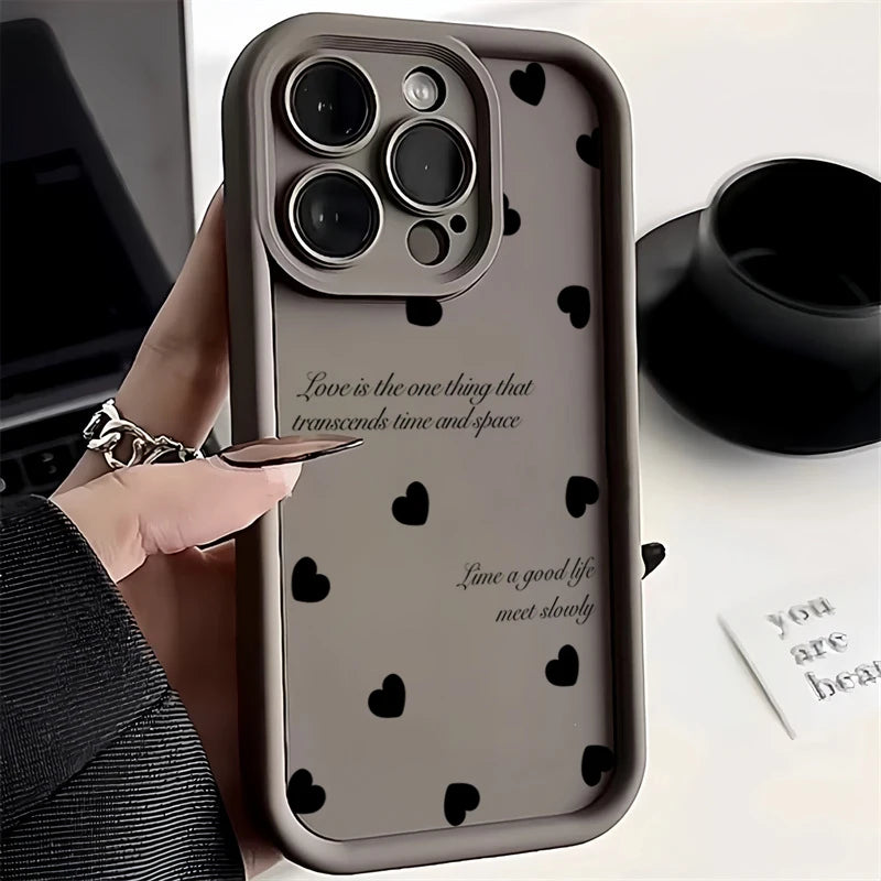 Luxury Black Full Screen Love Heart Phone Case For iPhone 11 12 13 14 15 16 Pro Max XR XS X 7 8 Plus SE 2020 Silicone INS Covers