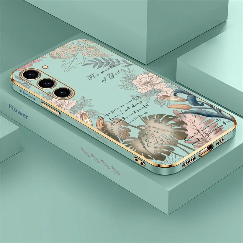 S24 Plating Case For Samsung Galaxy S23 Ultra S22 S21 Plus S20 fe S10 Soft Silicone Pattern Flower Cover Funda