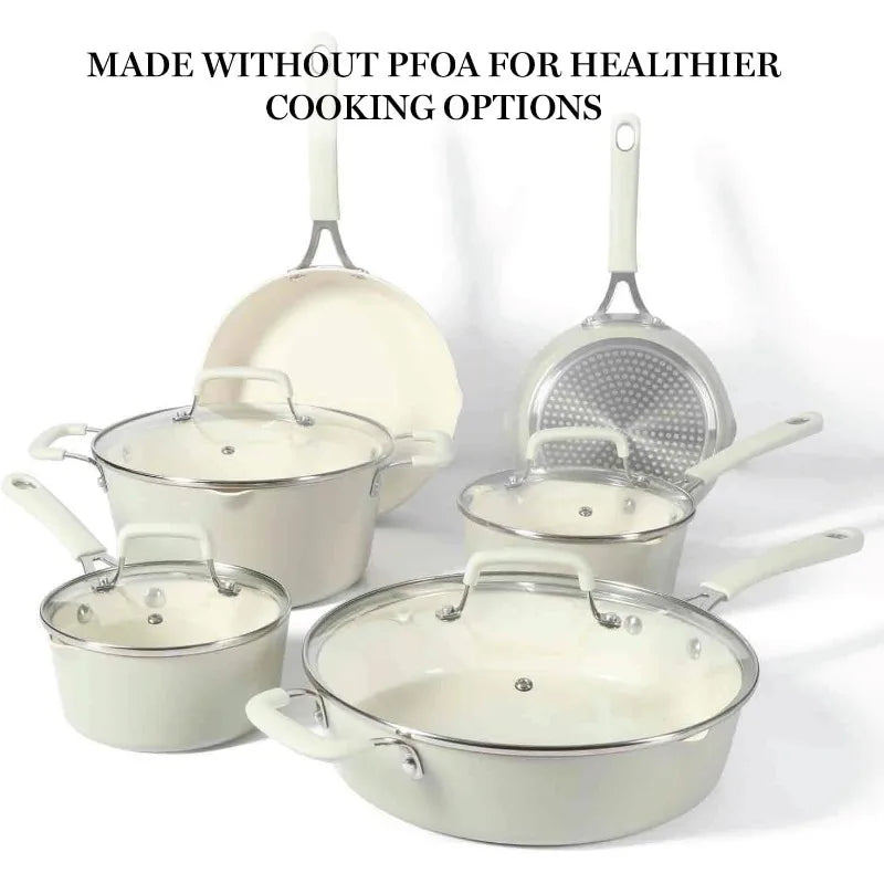 Martha Stewart Lockton Premium Nonstick PFA Free Ceramic Interior 10 Piece Heavy Gauge Enamel Aluminum Pots and Pans Cookware