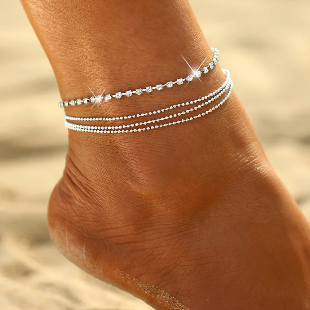 Silver Crystal Zircon 3 Rows Beads Anklet