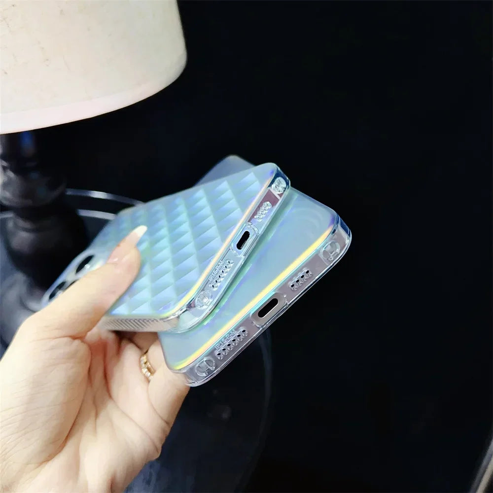 Aurora Gradient Colorful Case for iPhone 15 14 16 Pro Max 13 12 11 Ripple Laser Feather Shockproof Acrylic Cover for iPhone 15