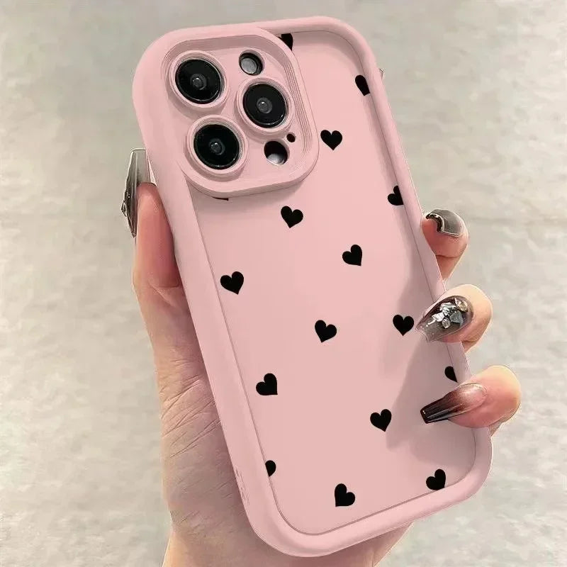 Luxury Black Full Screen Love Heart Phone Case For iPhone 11 12 13 14 15 16 Pro Max XR XS X 7 8 Plus SE 2020 Silicone INS Covers