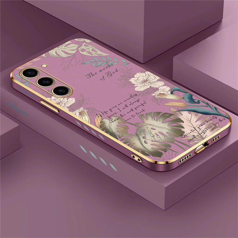 S24 Plating Case For Samsung Galaxy S23 Ultra S22 S21 Plus S20 fe S10 Soft Silicone Pattern Flower Cover Funda