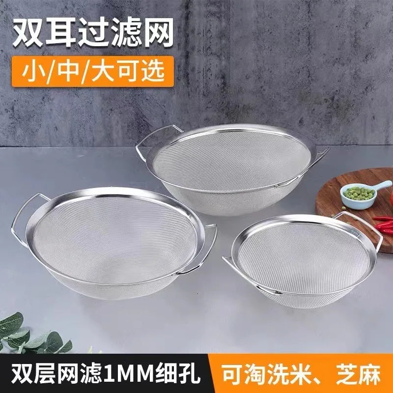 Stainless Steel Fine Mesh Strainer Basket with Double Handles Large Juice Rice Flour Sieve Food Filter Drainer Cooking Utensil