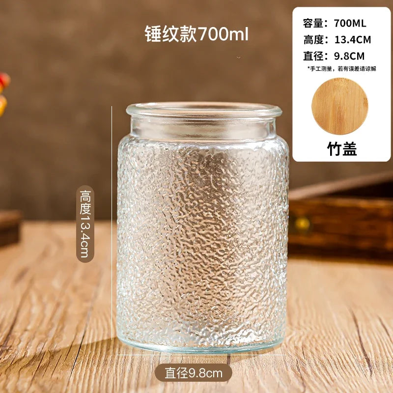 Transparent Glass Storage Jar Retro Relief Haitang Pattern Glass Jar Sealed Jar Household Round Glass Bottle Candy Storage Box