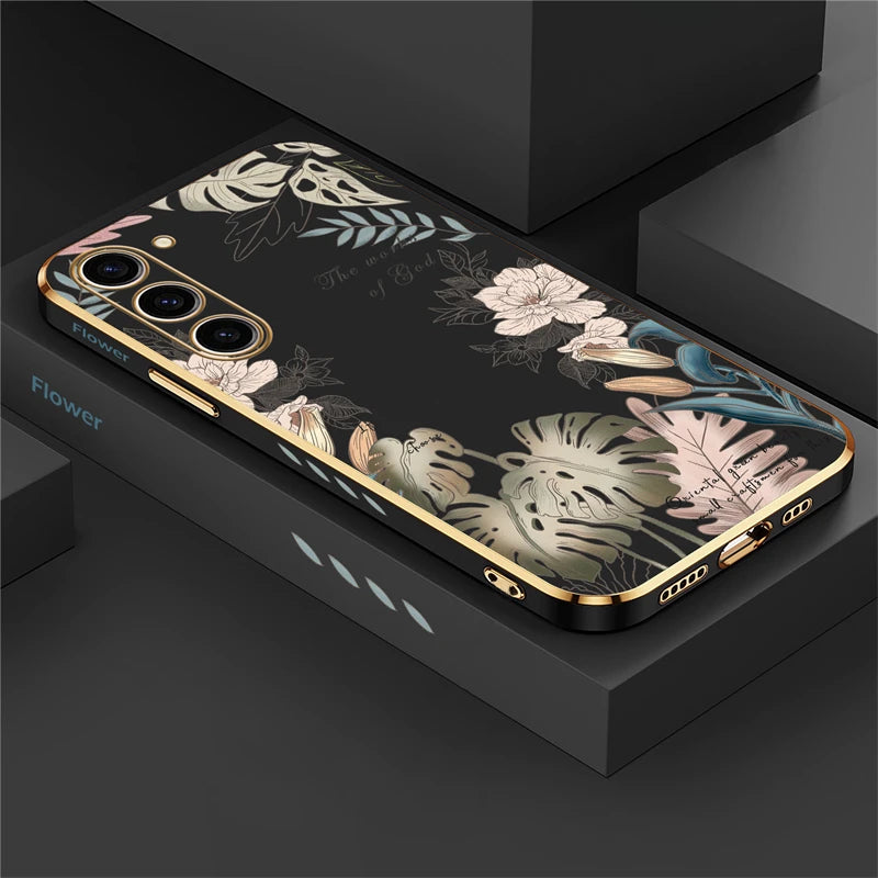 S24 Plating Case For Samsung Galaxy S23 Ultra S22 S21 Plus S20 fe S10 Soft Silicone Pattern Flower Cover Funda