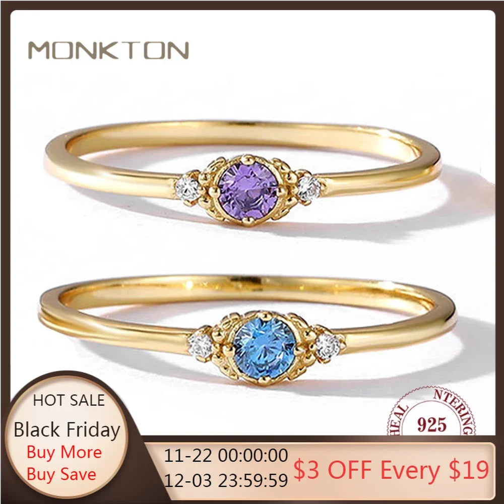 Monkton 18K Gold Plated 925 Silver Purple Amethyst Bridal Round Cut Wedding Engagement Eternity Valentine's Promise Rings