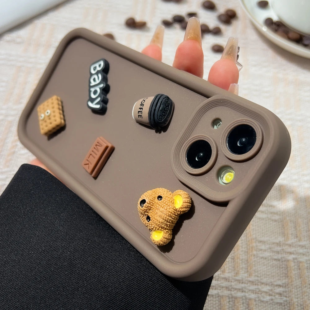 Korean Cute Cartoon 3D Coffee Bear Phone Case For iPhone 11 Case iPhone 13 12 14 16 15 Pro Max XR XS 7 8 Plus SE 2020 Soft Cover