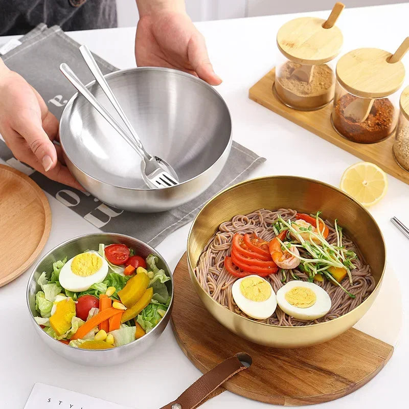 Golden Silver Salad Bowls Large Capacity Stainless Steel Korean Soup Rice Noodle Ramen Bowl Tableware Food Container Utensils