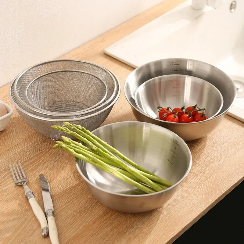 Stainless Steel Drain Basin 2-piece Set with Scale Storage Basin Strainer Rice Washing Basket Kitchen Fruit Draining Rinsing Set