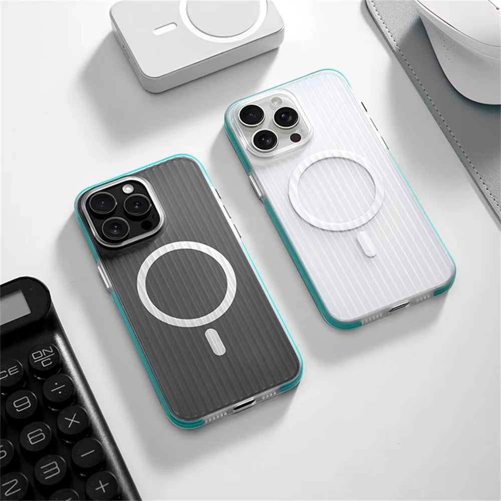 Corrugated Pattern Non-slip Magnetic Wireless Charge Matte Case For iPhone 16 15 Plus 14 13 12 Pro Max Magsafe Bumper Hard Cover