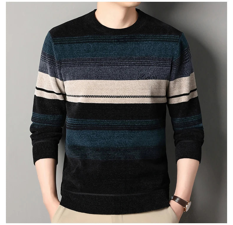 Mens Thickened Sweater Stripe Velvet Pullover Men's Winter Clothes Elegant Luxury Brand Fashion Knitted Sweaters - Vakasi