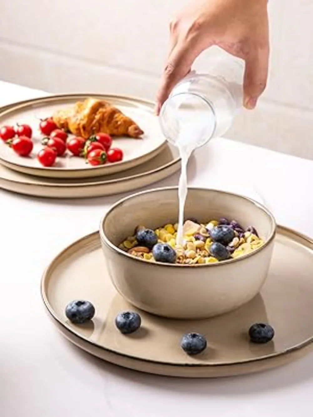 AmorArc Stoneware Dinnerware Sets,Round Reactive Glaze Ceramic Plates and Bowls Sets,Highly Chip and Crack Resistant