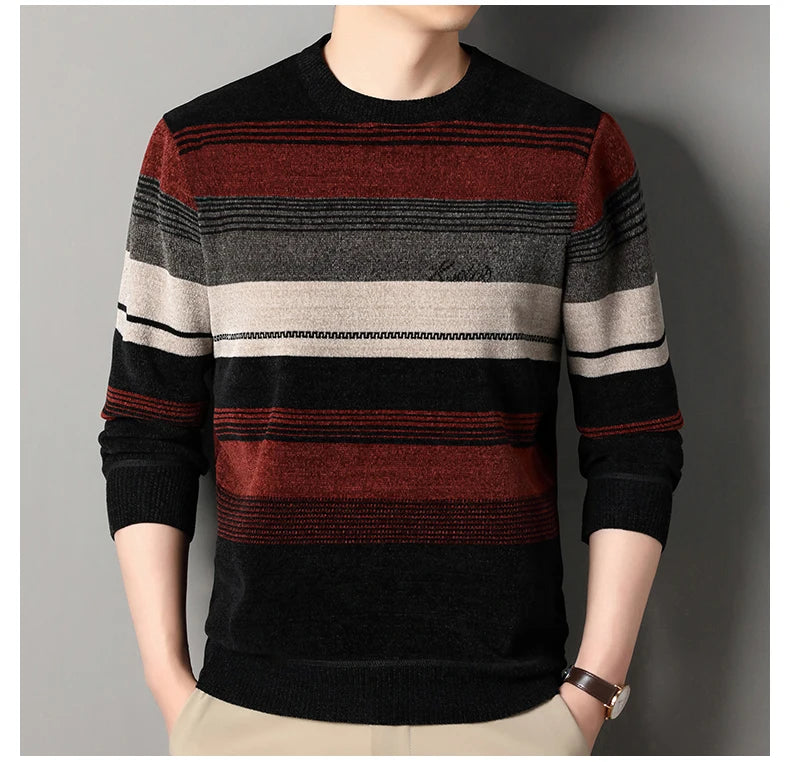 Mens Thickened Sweater Stripe Velvet Pullover Men's Winter Clothes Elegant Luxury Brand Fashion Knitted Sweaters - Vakasi