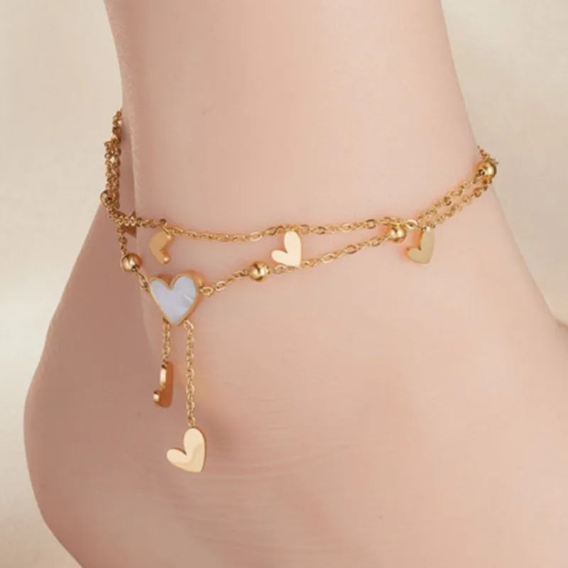 Double Layer Heart Tassel Ankle Bracelet