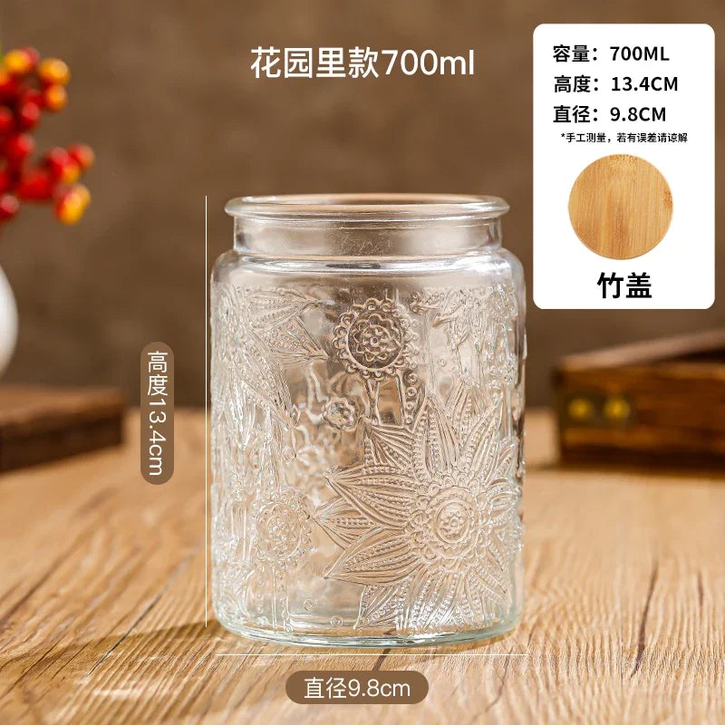 Transparent Glass Storage Jar Retro Relief Haitang Pattern Glass Jar Sealed Jar Household Round Glass Bottle Candy Storage Box