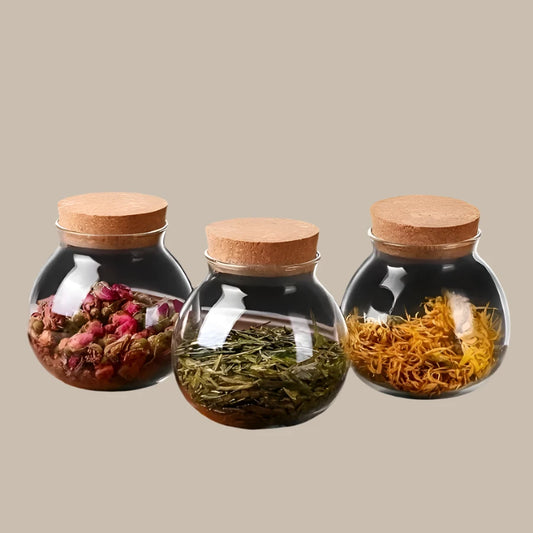 1pc Storage Containers, 500ML/16.91oz Cork Glass Tea Jar With Cork Stopper, Round Sealed Food Storage Jar, Kitchen Organizers