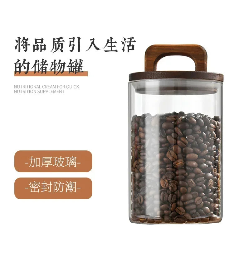 800-2100ml Wood Lid Glass Jar 1pc Airtight Canister Food Container Coffee Beans Kitchen Storage Bottles Sealed Grounds Large Set