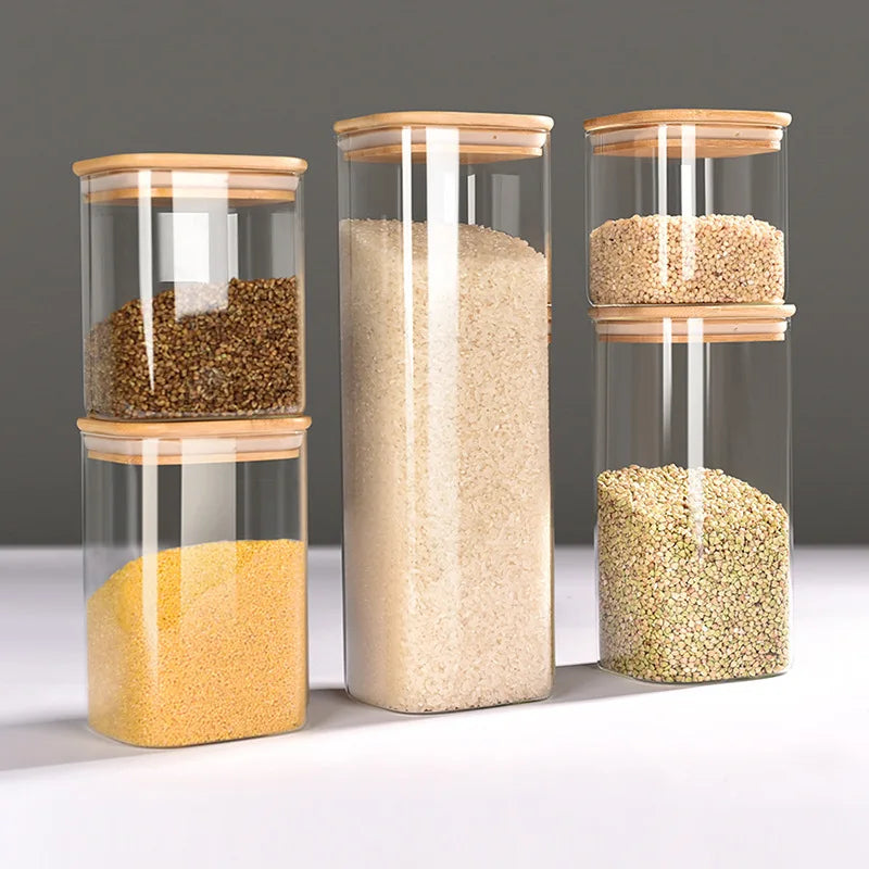 Large Capacity Square Glass Storage Jars, Bamboo Cover, Sealed Glass Bottle, Kitchen Seasoning Tank, 5 Units