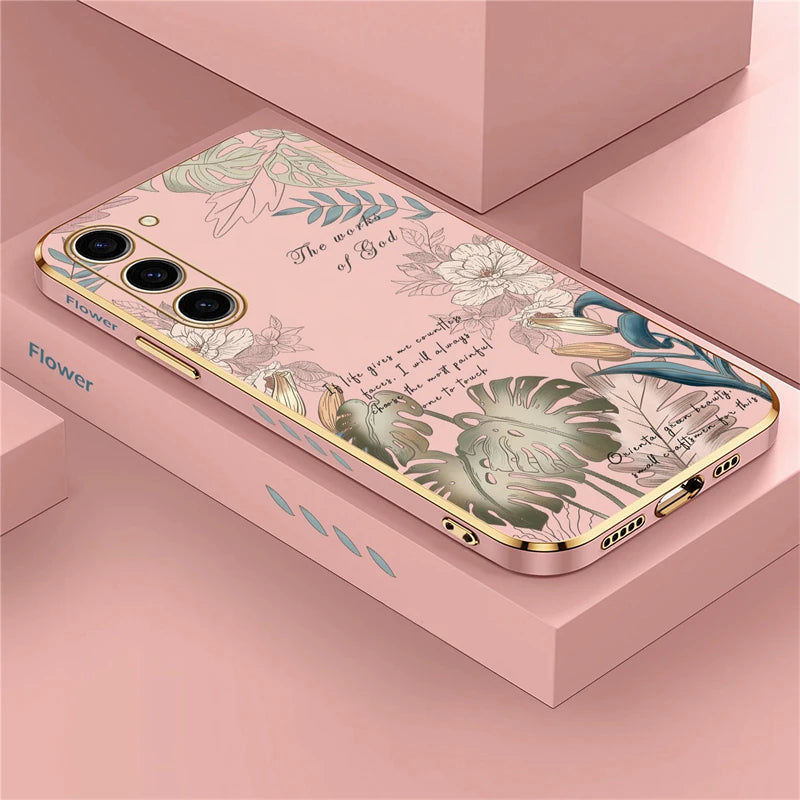 S24 Plating Case For Samsung Galaxy S23 Ultra S22 S21 Plus S20 fe S10 Soft Silicone Pattern Flower Cover Funda