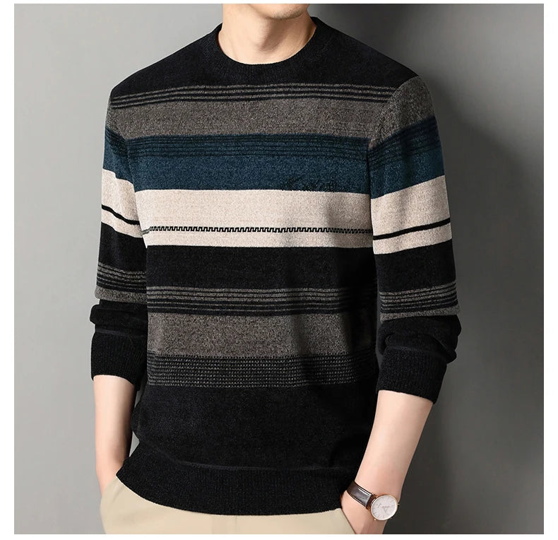 Mens Thickened Sweater Stripe Velvet Pullover Men's Winter Clothes Elegant Luxury Brand Fashion Knitted Sweaters - Vakasi