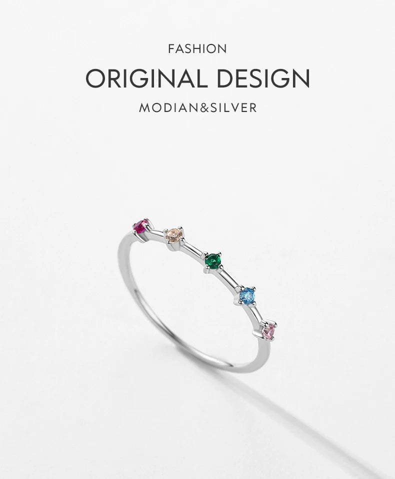 Modian 925 Sterling Silver Rainbow CZ Simulated Diamond Stacking Slim Rings Fashion Bands For Women Korea Style Fine Jewelry