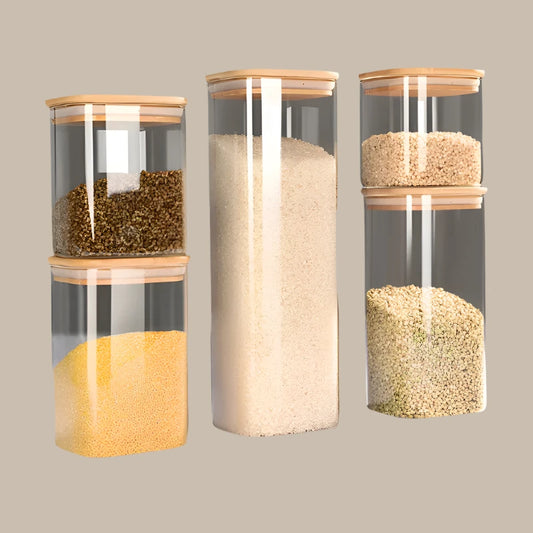 Large Capacity Square Glass Storage Jars, Bamboo Cover, Sealed Glass Bottle, Kitchen Seasoning Tank, 5 Units