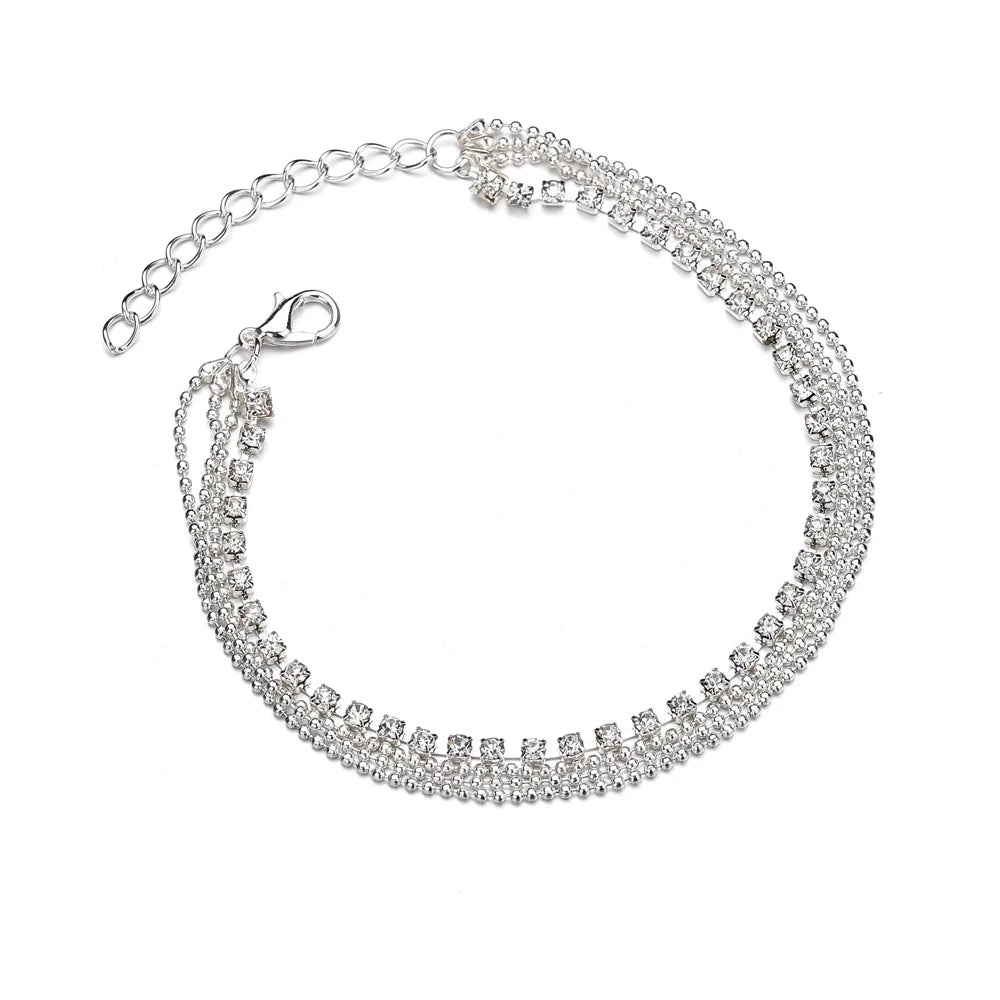 Silver Crystal Zircon 3 Rows Beads Anklet