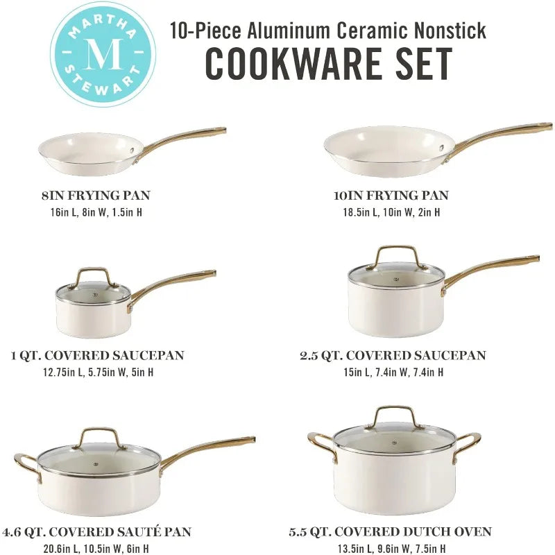 Martha Stewart Lockton Premium Nonstick PFA Free Ceramic Interior 10 Piece Heavy Gauge Enamel Aluminum Pots and Pans Cookware