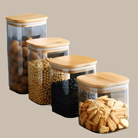 Glass Food Storage Containers With Wooden Lid Kitchen Snack Fruit Candy Nut Sundries Coffee Storage Organizer for Kitchen