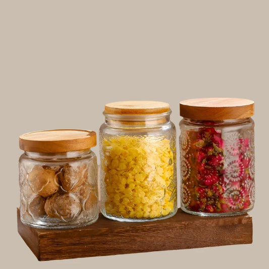 Transparent Glass Storage Jar Retro Relief Haitang Pattern Glass Jar Sealed Jar Household Round Glass Bottle Candy Storage Box