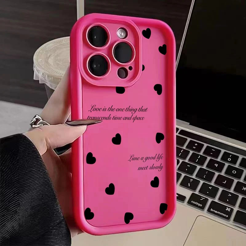 Luxury Black Full Screen Love Heart Phone Case For iPhone 11 12 13 14 15 16 Pro Max XR XS X 7 8 Plus SE 2020 Silicone INS Covers