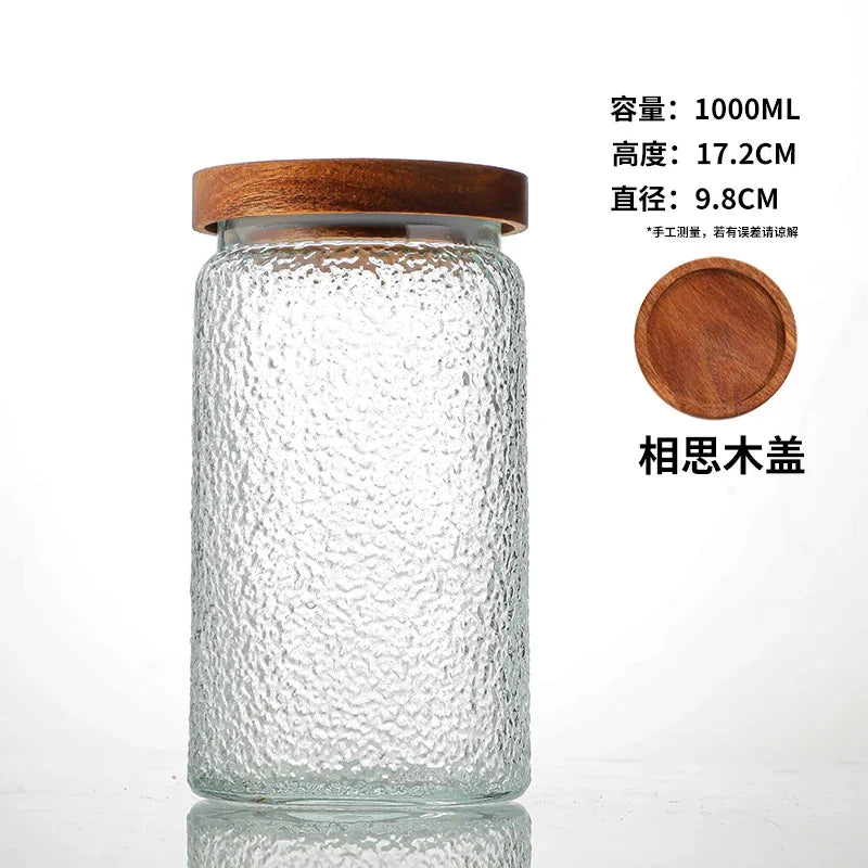 Transparent Glass Storage Jar Retro Relief Haitang Pattern Glass Jar Sealed Jar Household Round Glass Bottle Candy Storage Box