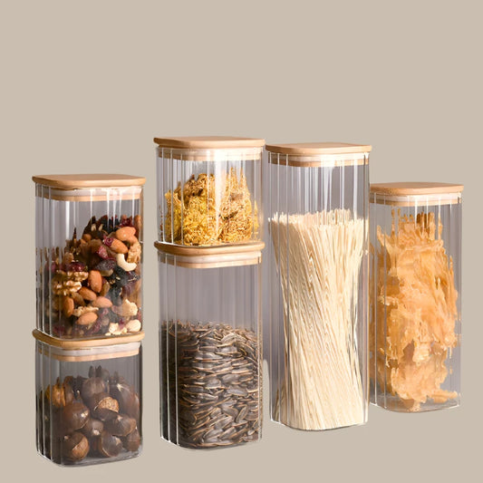 1Pcs Wood Lid Glass Airtight Canister Food Container Tea Kitchen Storage Bottles Jar Sealed Grounds Jars Organizer