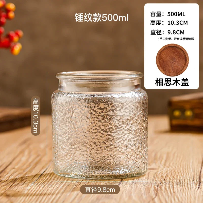 Transparent Glass Storage Jar Retro Relief Haitang Pattern Glass Jar Sealed Jar Household Round Glass Bottle Candy Storage Box