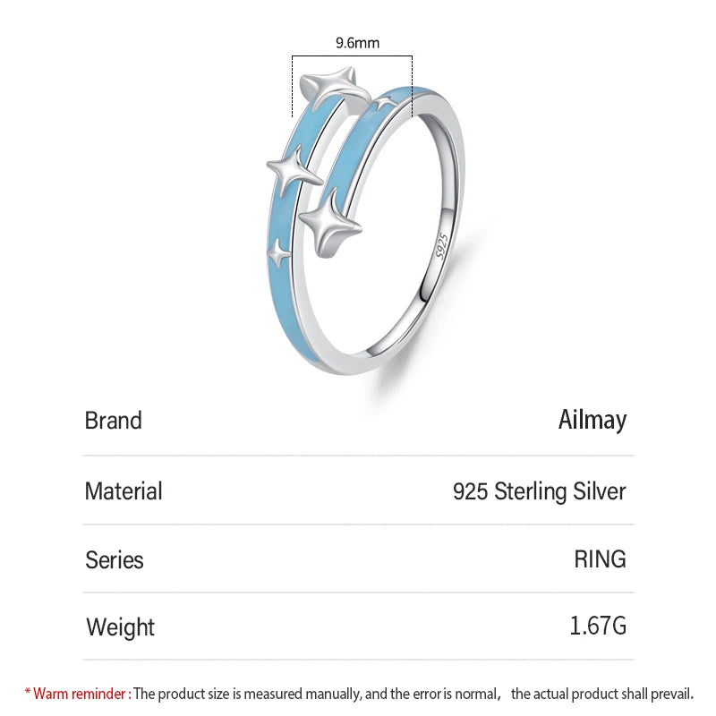 Ailmay High-Quality 925 Sterling Silver Romantic Blue Enamel Star Finger Ring For Women Girls Valentine's Day Gifts Fine Jewelry - Vakasi