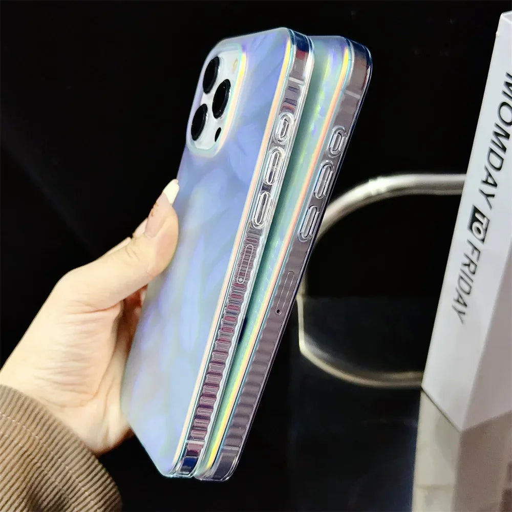 Aurora Gradient Colorful Case for iPhone 15 14 16 Pro Max 13 12 11 Ripple Laser Feather Shockproof Acrylic Cover for iPhone 15